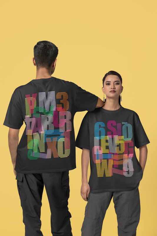 JUMBLED ALPHABETS Oversized Unisex Dual Side Printed Half Sleeve T-Shirt for both Men & Women