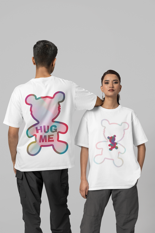 TEDDY HUG ME Dual Side Printed Oversized Unisex Half Sleeve T-Shirt for both Men & Women