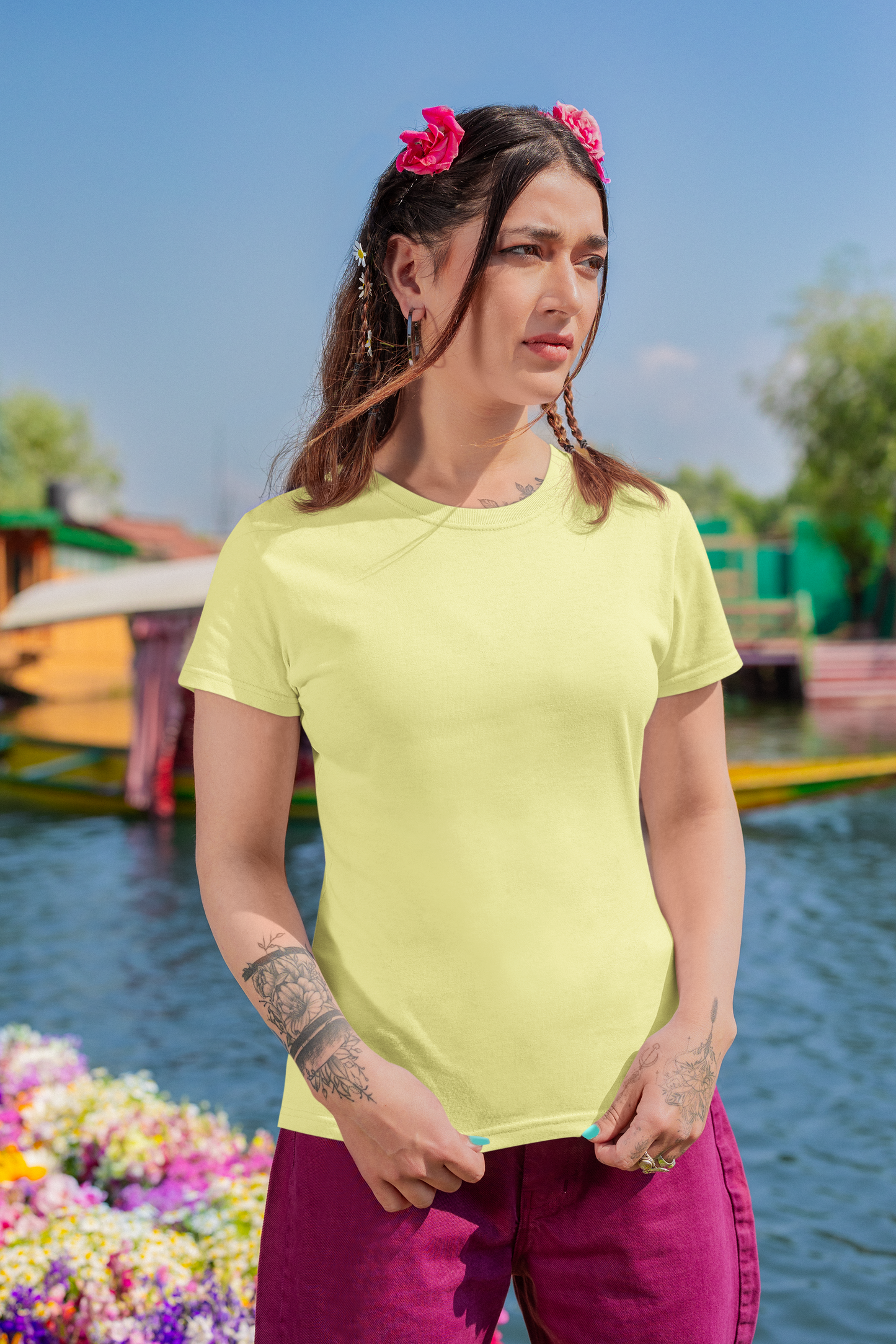 Butter Yellow Solid Colour Half Sleeve T-Shirt for Women