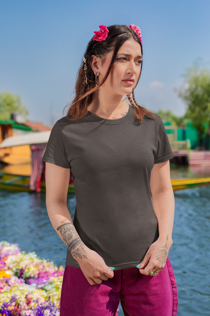 Charcoal Grey Solid Colour Half Sleeve T-Shirt for Women