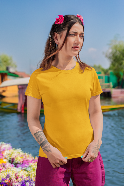 Golden Yellow Solid Colour Half Sleeve T-Shirt for Women