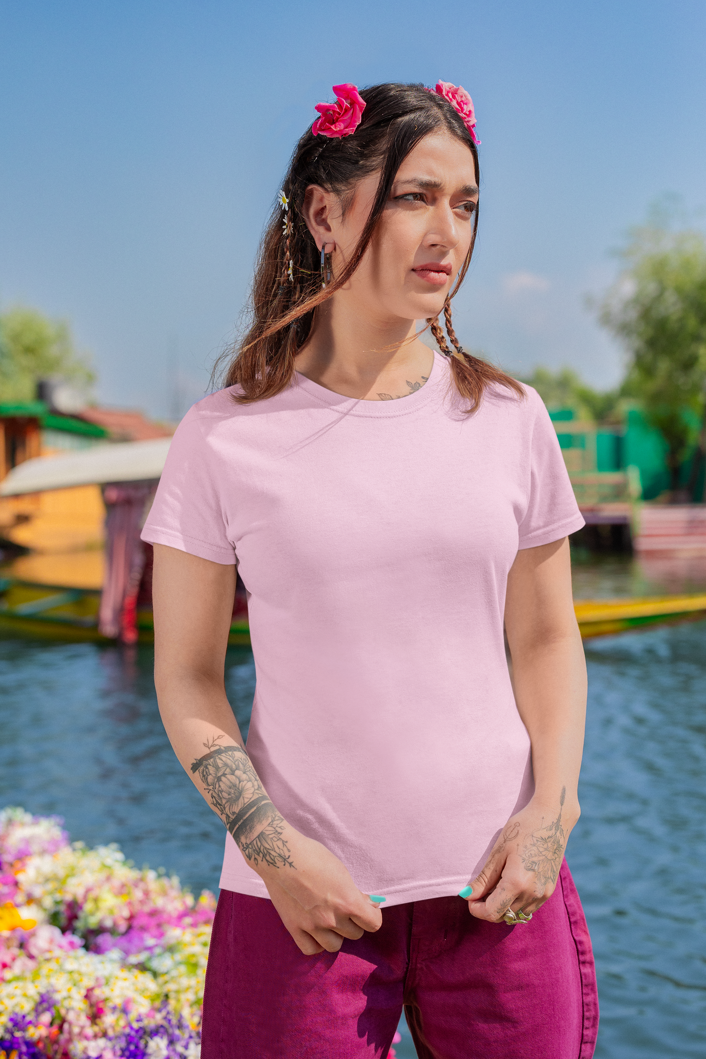 Light Pink Solid Colour Half Sleeve T-Shirt for Women